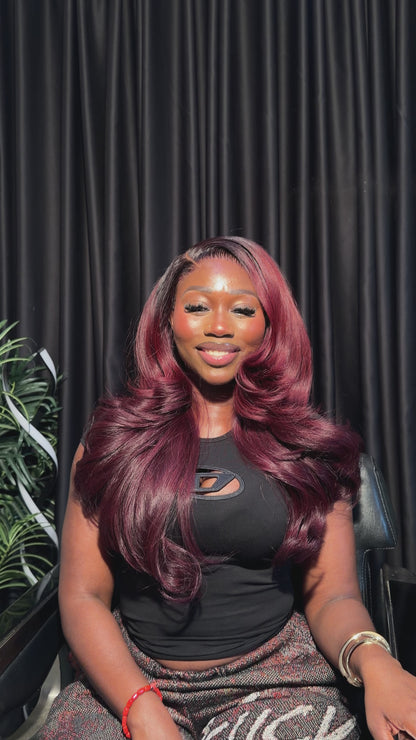 Premium Raw wavy wig (Burgundy with dark root)