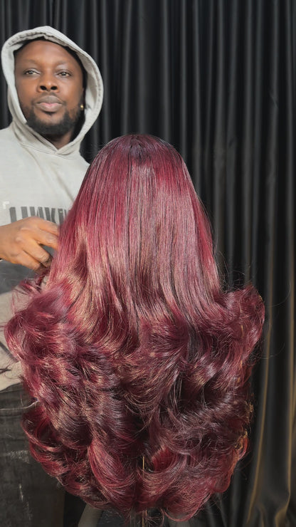 Premium Raw wavy wig (Burgundy with dark root)